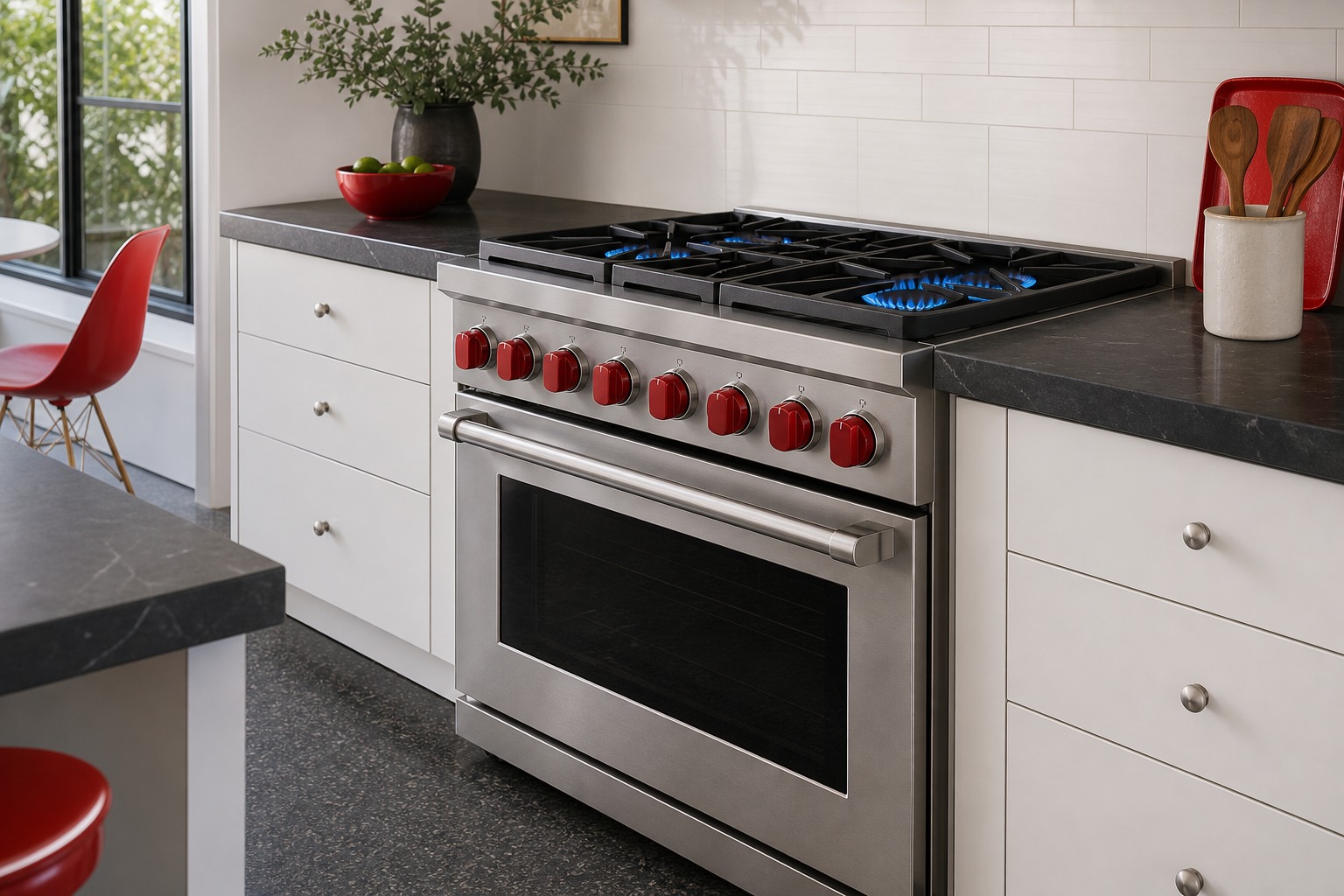 Stainless Wolf range with signature red knobs in a Palo Alto estate kitchen