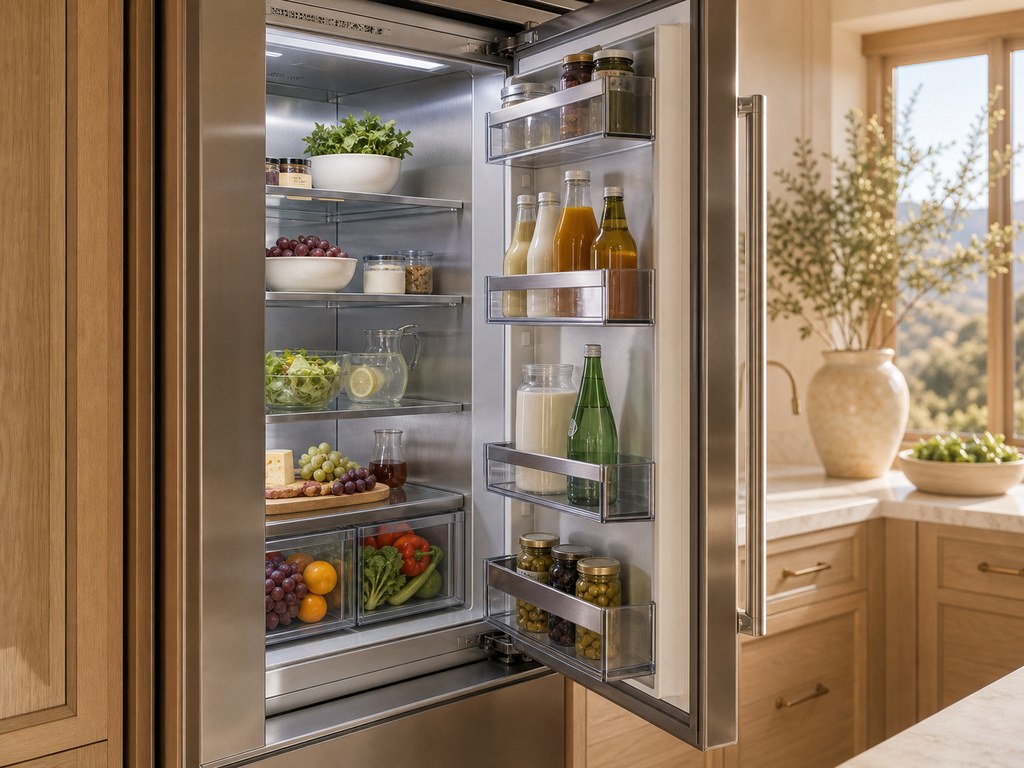 Open stainless built-in Sub-Zero refrigerator full of fresh food in a bright Palo Alto kitchen