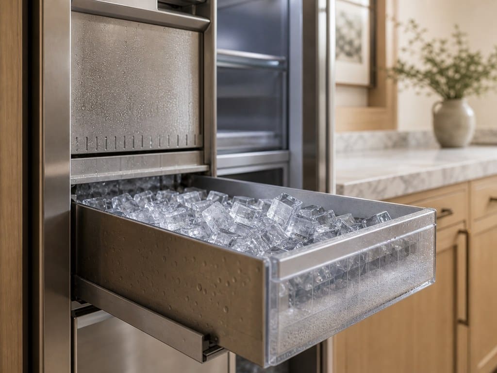 Built-in Sub-Zero ice maker full of clear ice cubes in a Palo Alto kitchen