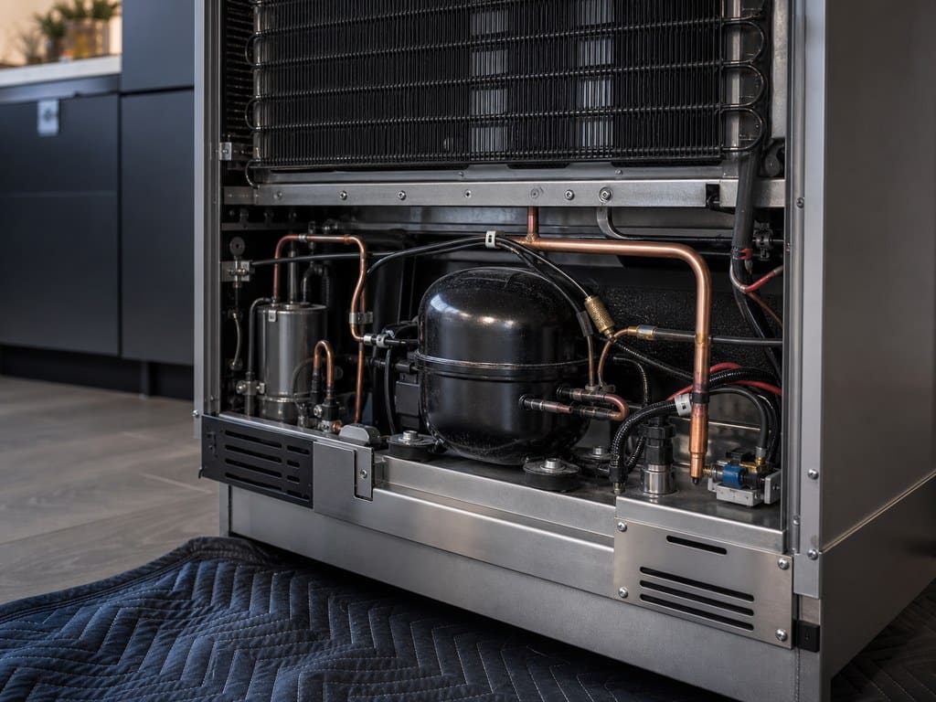 Built-in Sub-Zero refrigerator column with the lower sealed-system service area exposed in Palo Alto