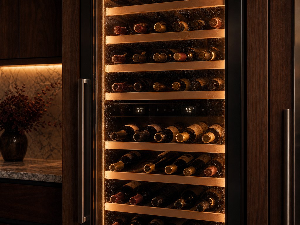 Built-in glass-front Sub-Zero wine storage column in an Old Palo Alto estate kitchen