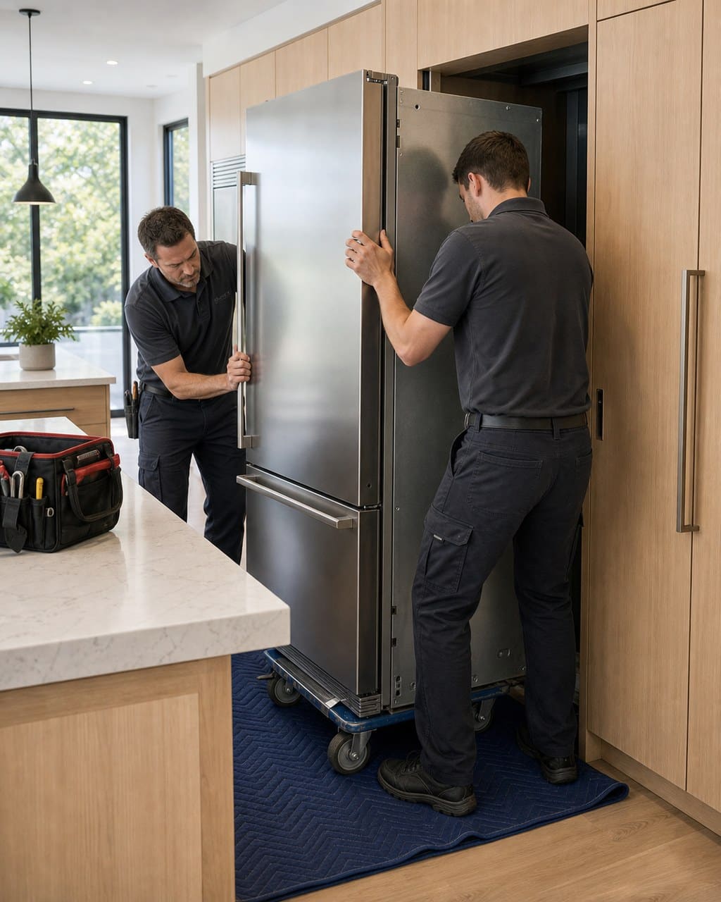 Two technicians carefully sliding a built-in Sub-Zero refrigerator out of its cabinet