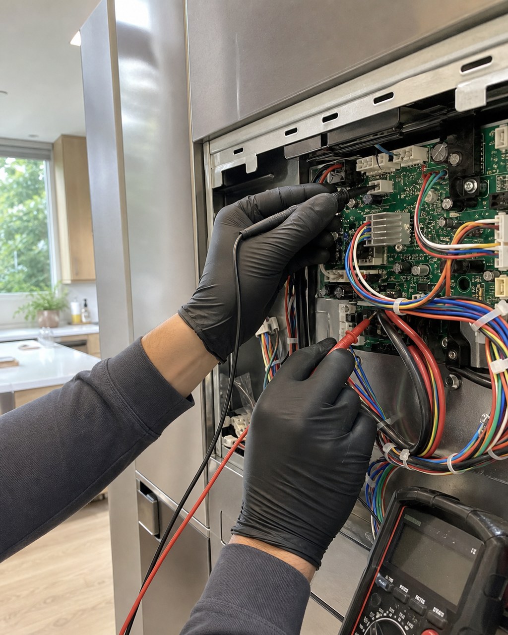 Technician probing the control board of a built-in Sub-Zero refrigerator that is not cooling in Palo Alto