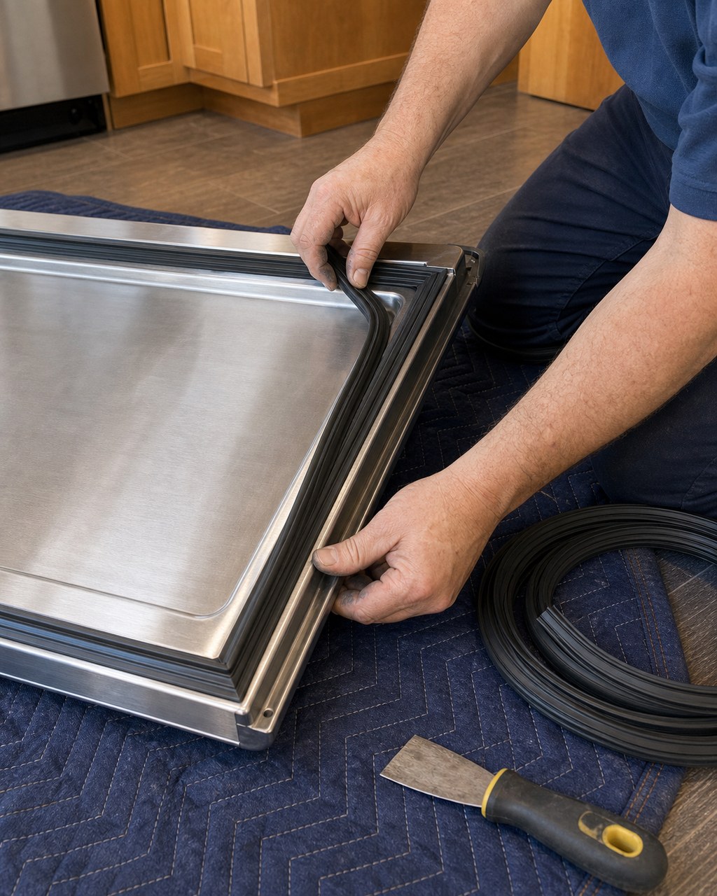 Technician fitting a new OEM door gasket to a Sub-Zero refrigerator door on a Palo Alto kitchen floor
