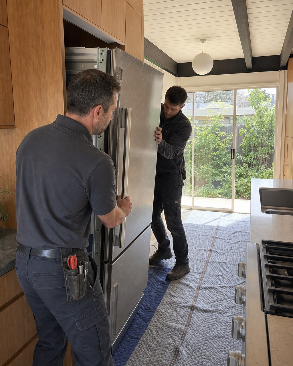 Two technicians carefully sliding a tall built-in refrigerator out of a tight Eichler galley kitchen niche in Palo Alto