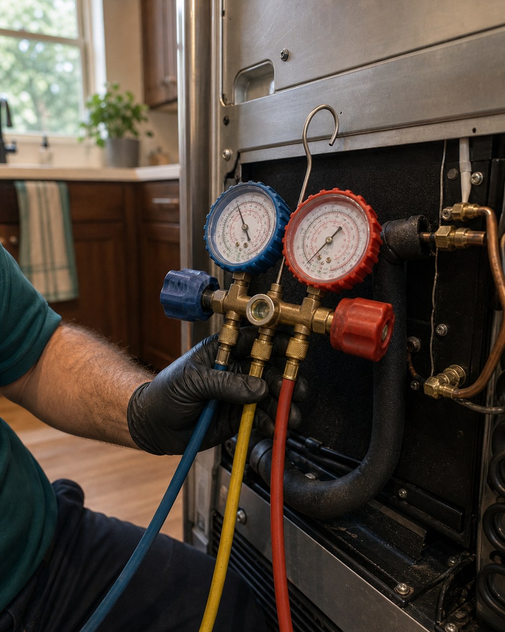 Refrigeration manifold gauges connected to the sealed system of a built-in Sub-Zero refrigerator in Palo Alto